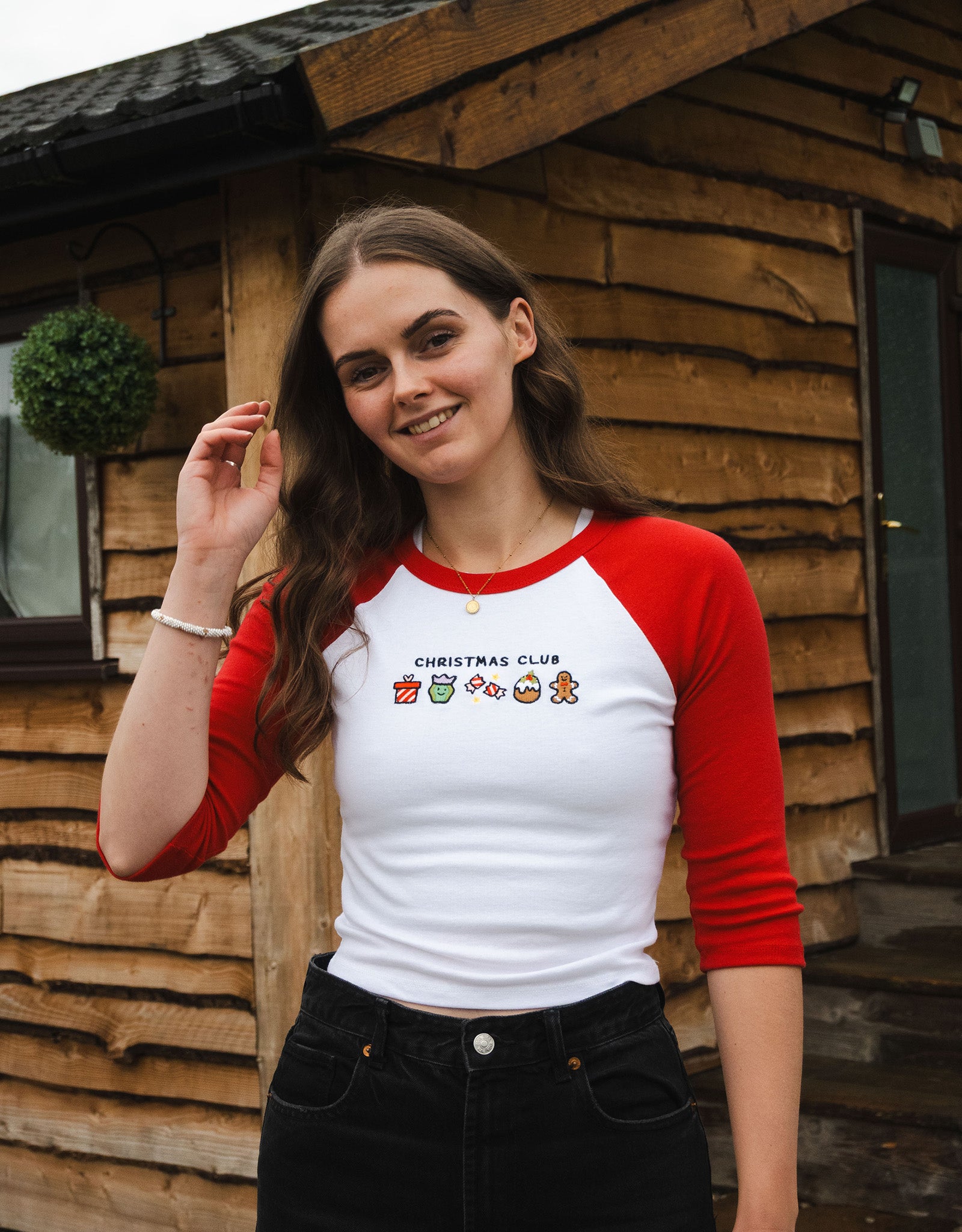 Christmas Club Embroidered Micro Rib 3/4 Sleeve Tee