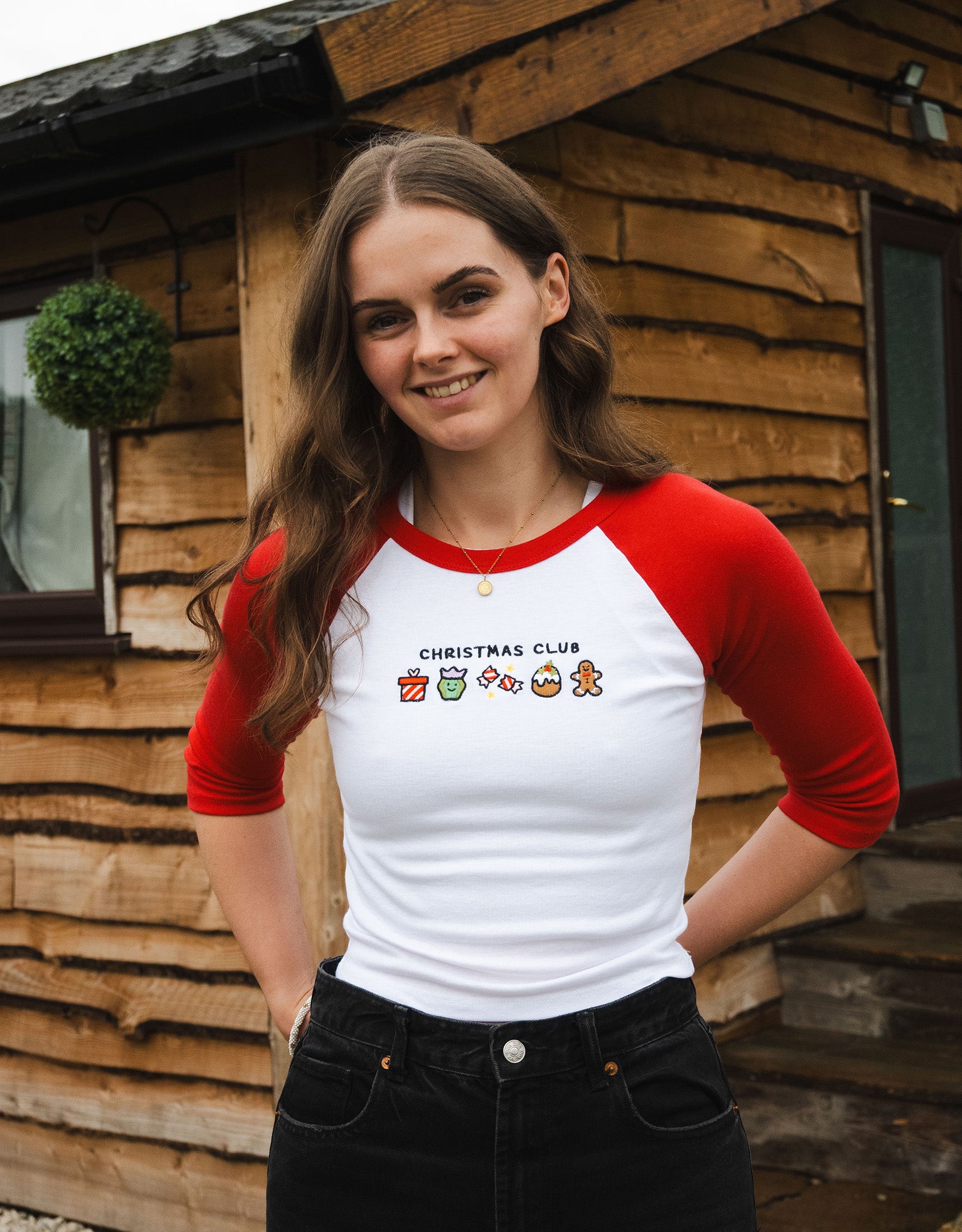 Christmas Club Embroidered Micro Rib 3/4 Sleeve Tee