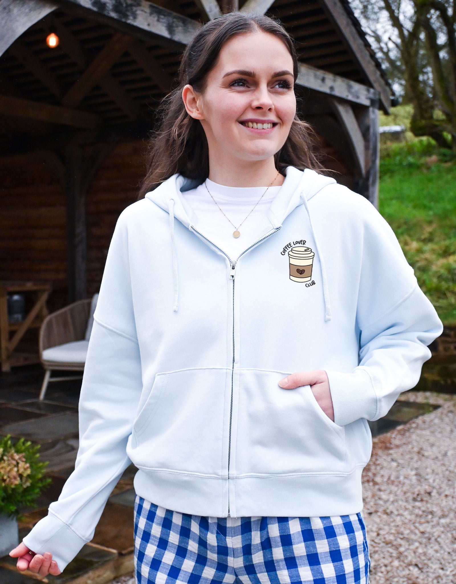 Coffee Lover Embroidered Boxy Organic Cotton Zip Hoodie