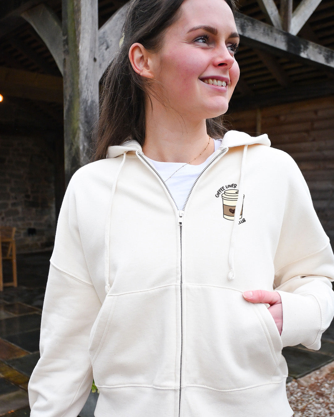 Coffee Lover Embroidered Boxy Organic Cotton Zip Hoodie