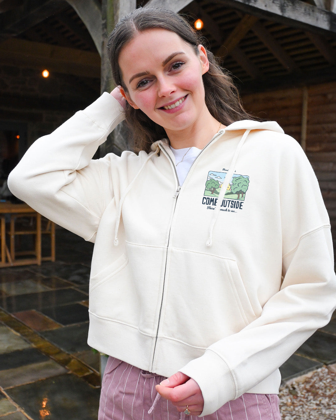Come Outside Printed Boxy Organic Cotton Zip Hoodie