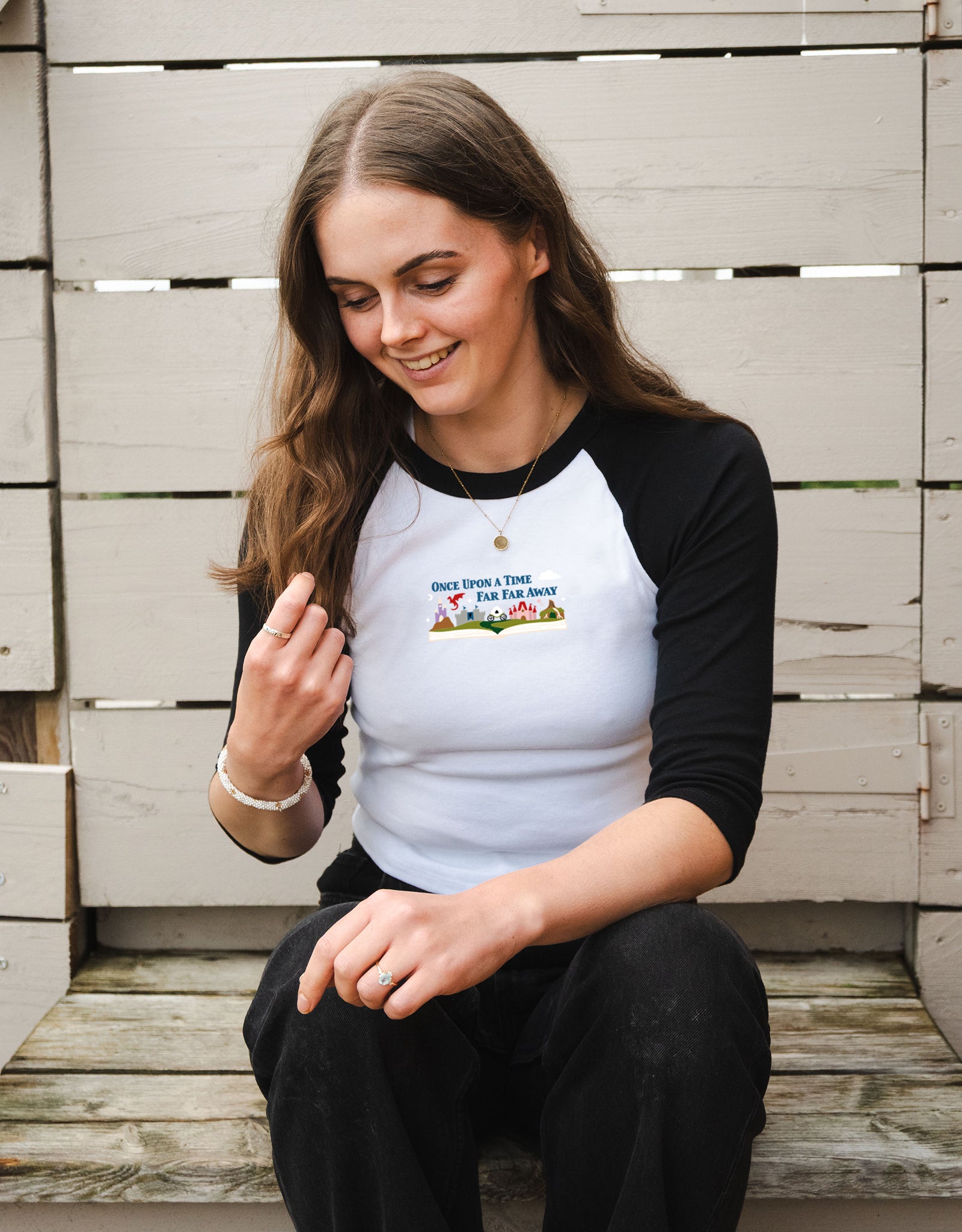 Far Far Away Embroidered Micro Rib 3/4 Sleeve Tee