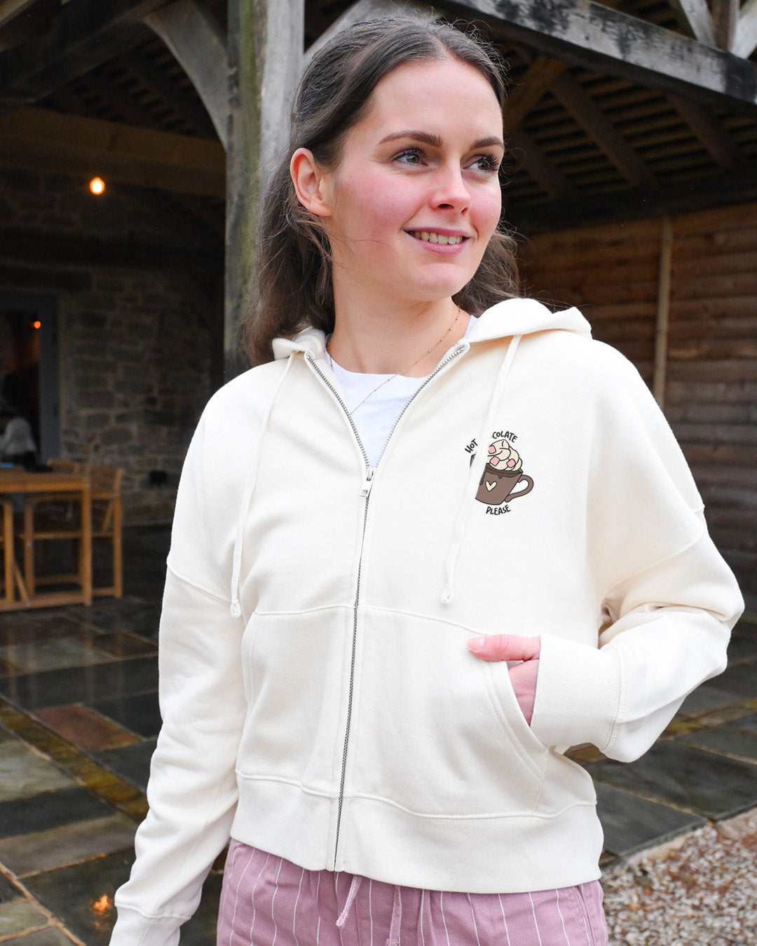 Hot Chocolate Embroidered Boxy Organic Cotton Zip Hoodie
