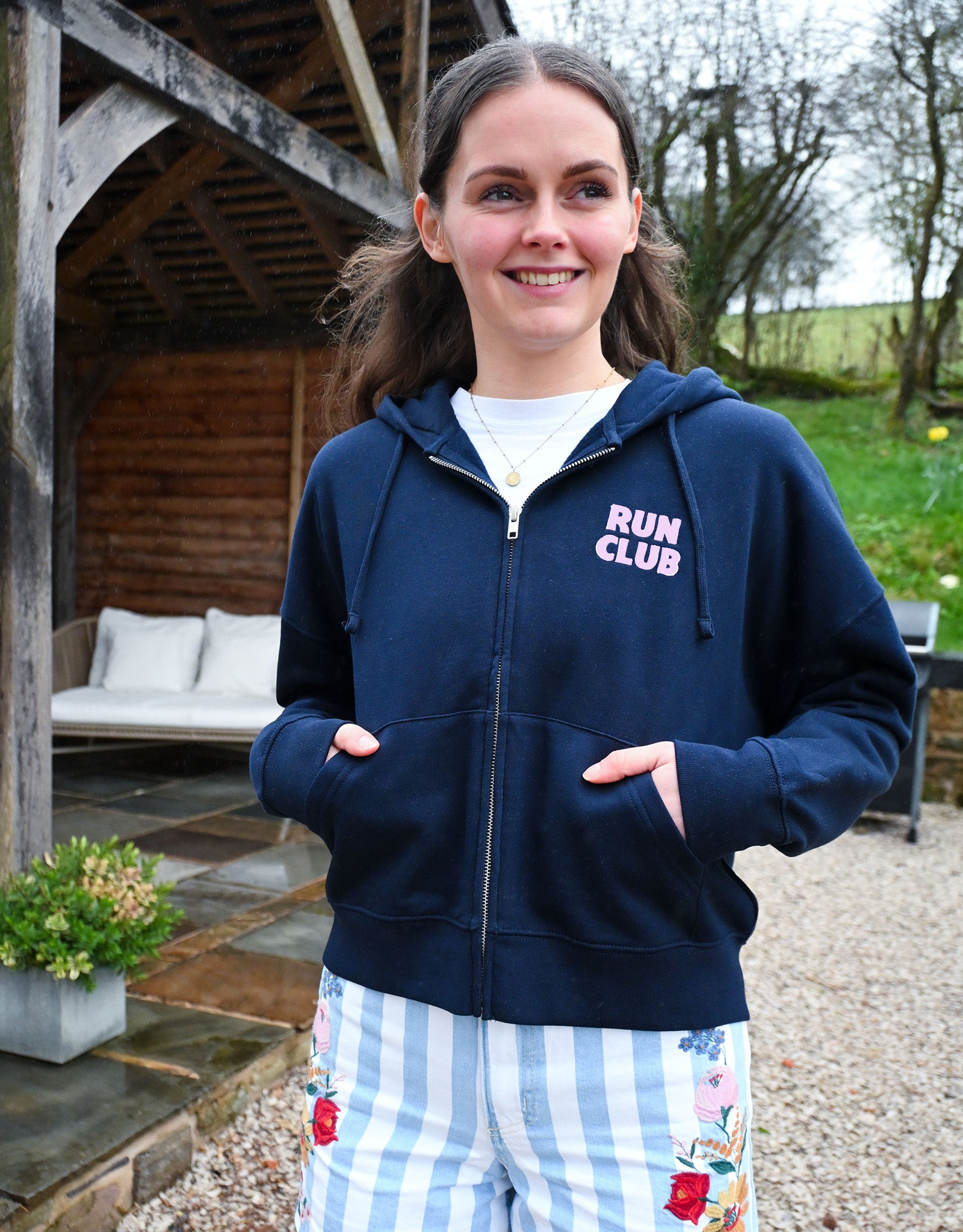 Run Club Printed Boxy Organic Cotton Zip Hoodie
