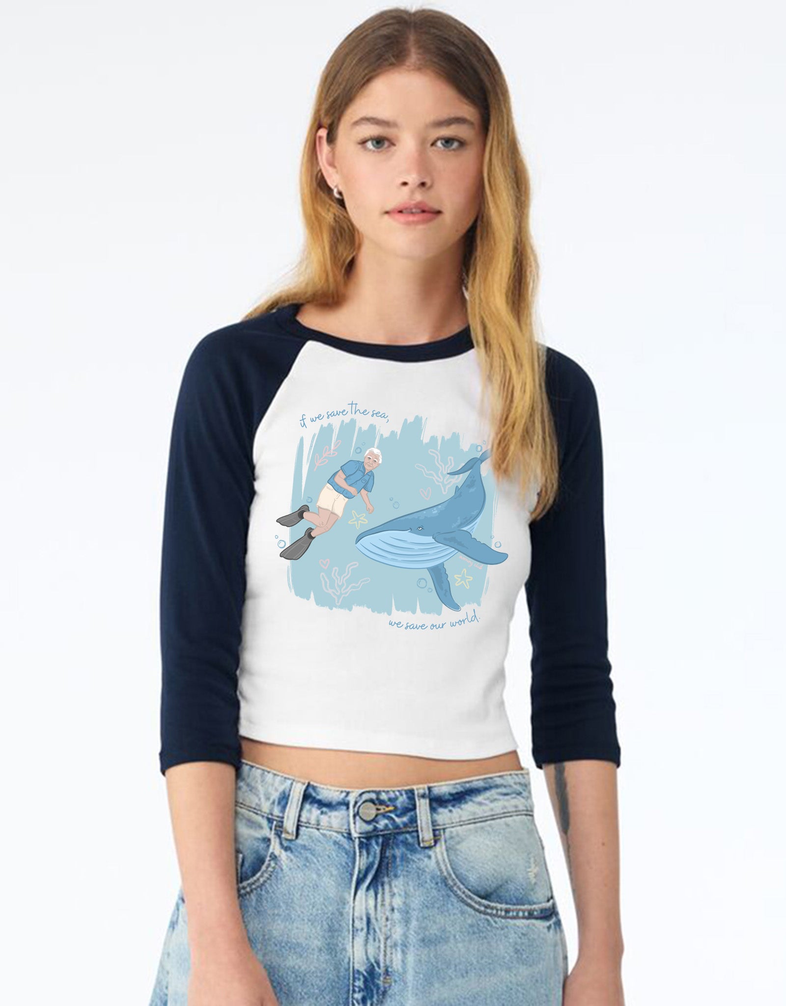 Save The Sea Printed Micro Rib 3/4 Sleeve Tee