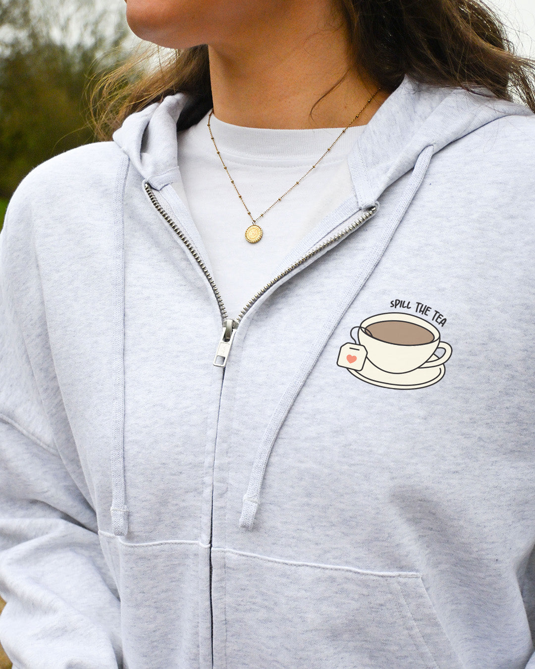 Spill The Tea Embroidered Boxy Organic Cotton Zip Hoodie