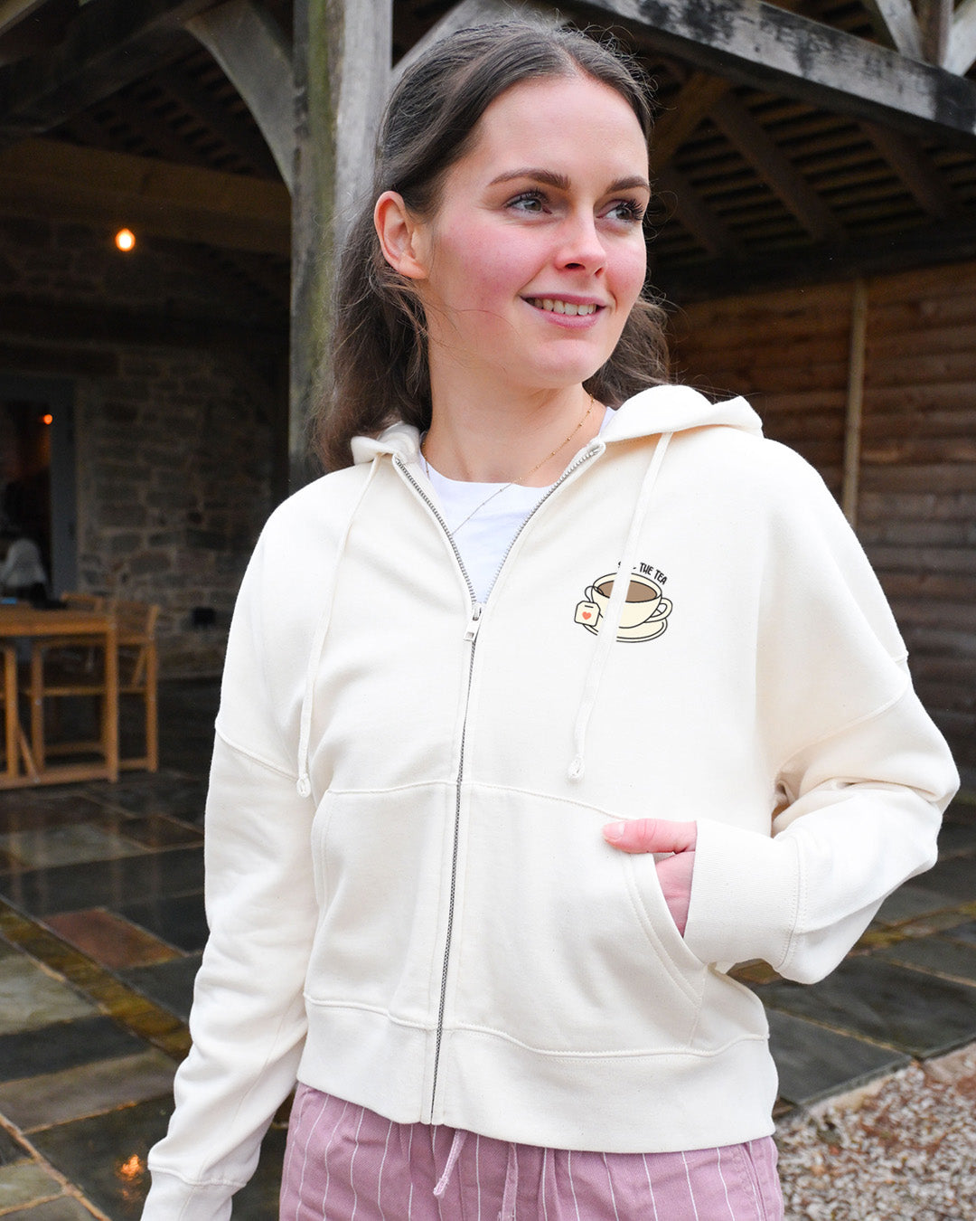 Spill The Tea Embroidered Boxy Organic Cotton Zip Hoodie