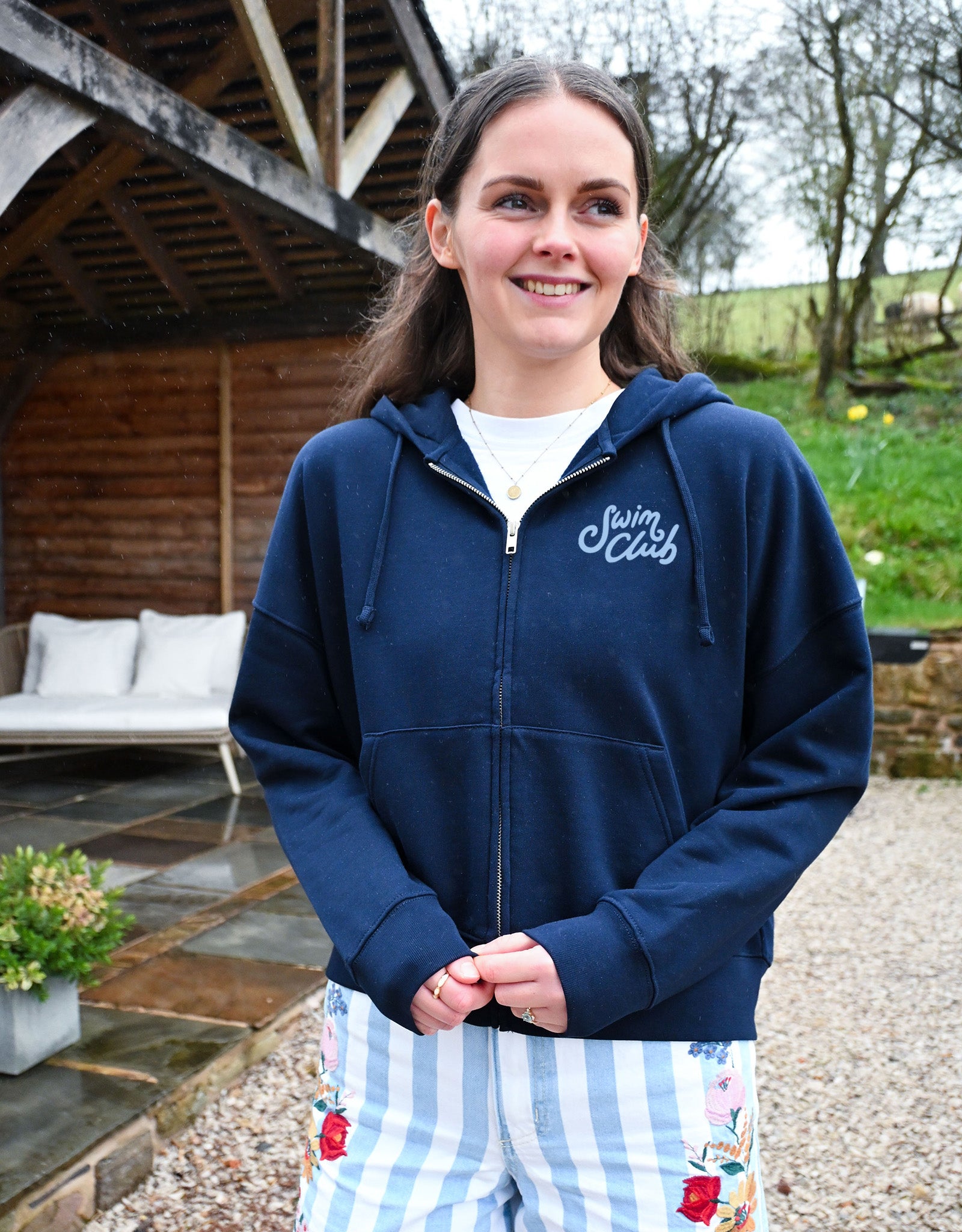 Swim Club Printed Boxy Organic Cotton Zip Hoodie