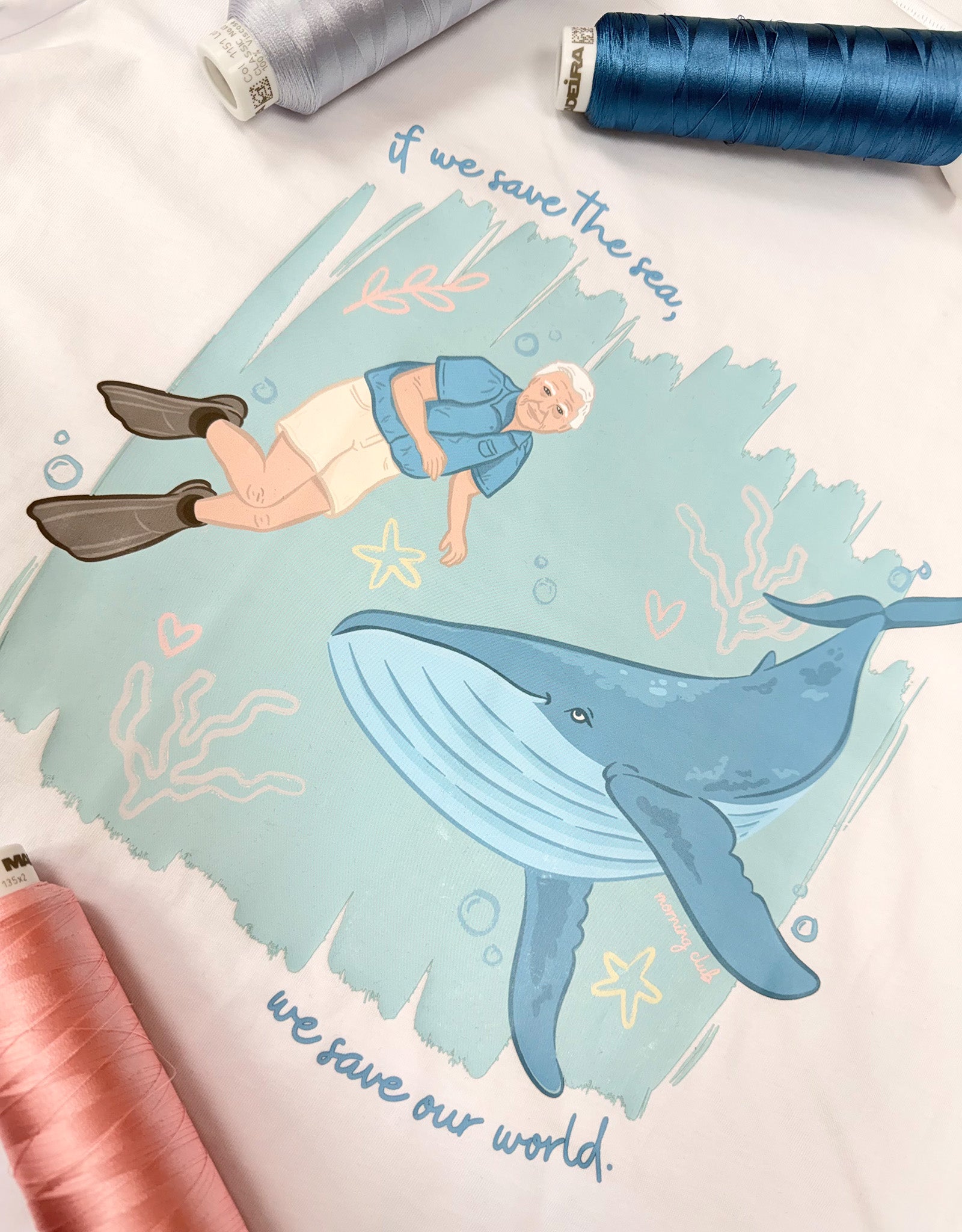 Save The Sea Printed Micro Rib 3/4 Sleeve Tee